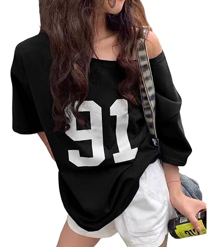 Women's Oversized Jersey Off Shoulder Shirt Crewneck Number
